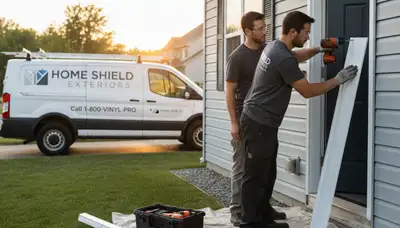Technician repairing vinyl siding and door frame on home exterior in Oklahoma City, OK