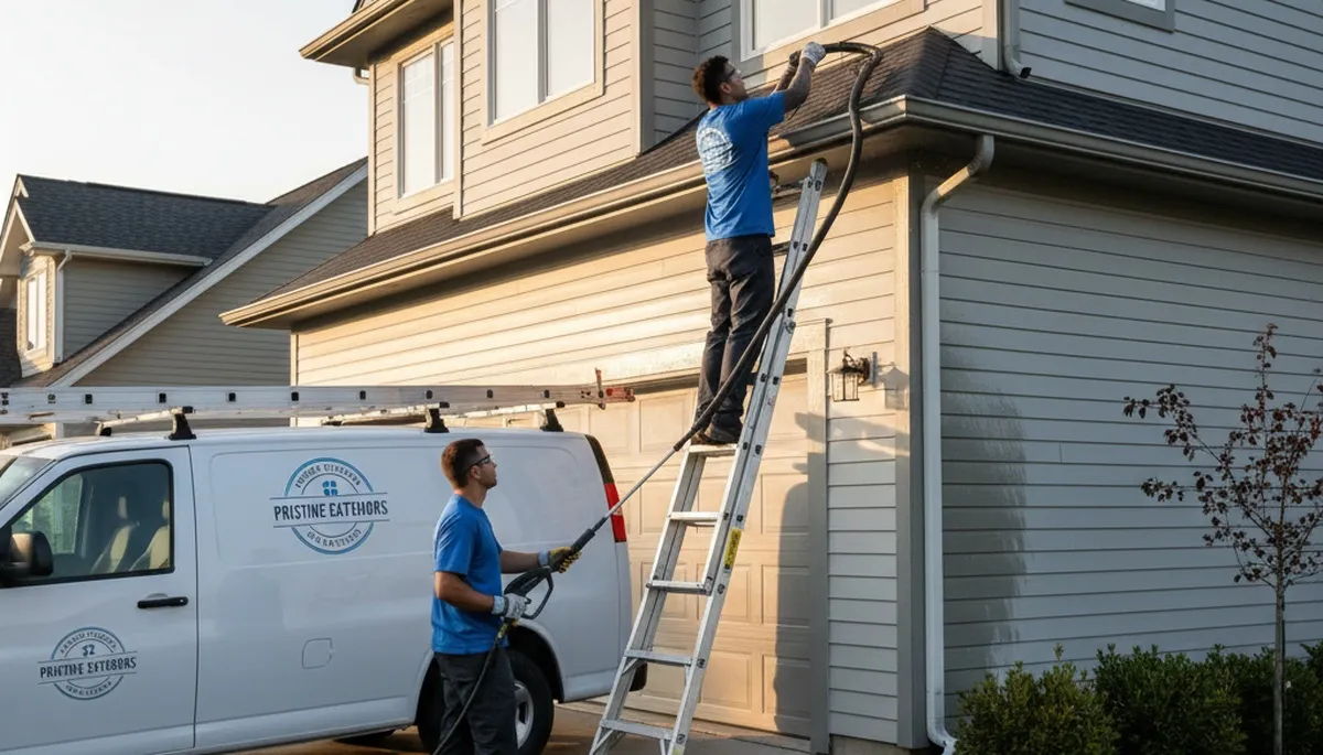 Technician cleaning home gutters and vinyl siding in Oklahoma City, OK for storm season protection