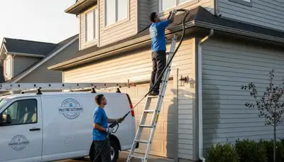 Technician cleaning home gutters and vinyl siding in Oklahoma City, OK for storm season protection