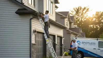 Technician cleaning residential gutters with vinyl siding in Oklahoma City, OK