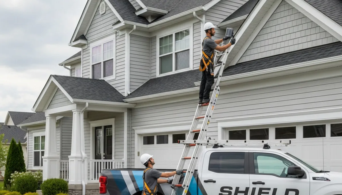 Technician performing vinyl siding and gutter inspection in Oklahoma City, OK