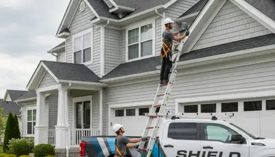 Technician performing vinyl siding and gutter inspection in Oklahoma City, OK