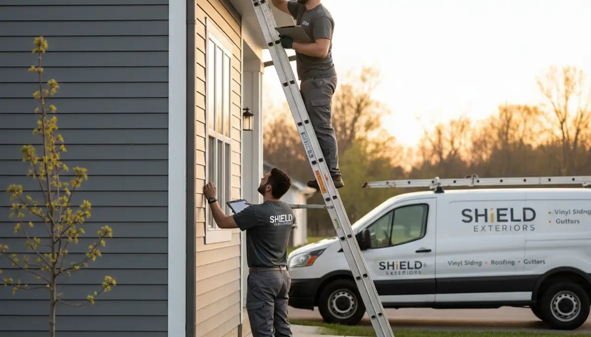 Technician performing gutter inspection on vinyl siding home in Oklahoma City, OK