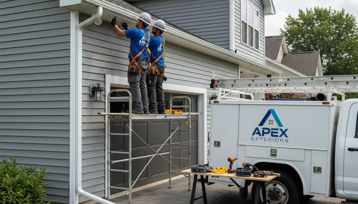 Technician performing gutter repair on vinyl siding home in Oklahoma City, OK