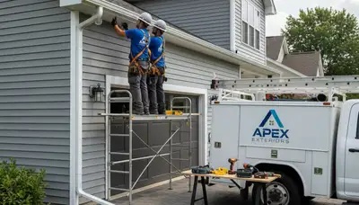 Technician performing gutter repair on vinyl siding home in Oklahoma City, OK