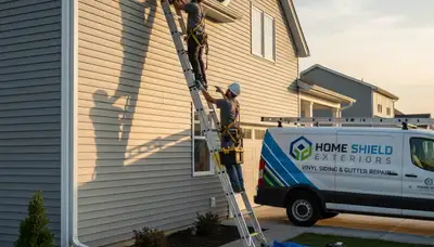 Technician performing gutter repair on home with vinyl siding in Oklahoma City, OK