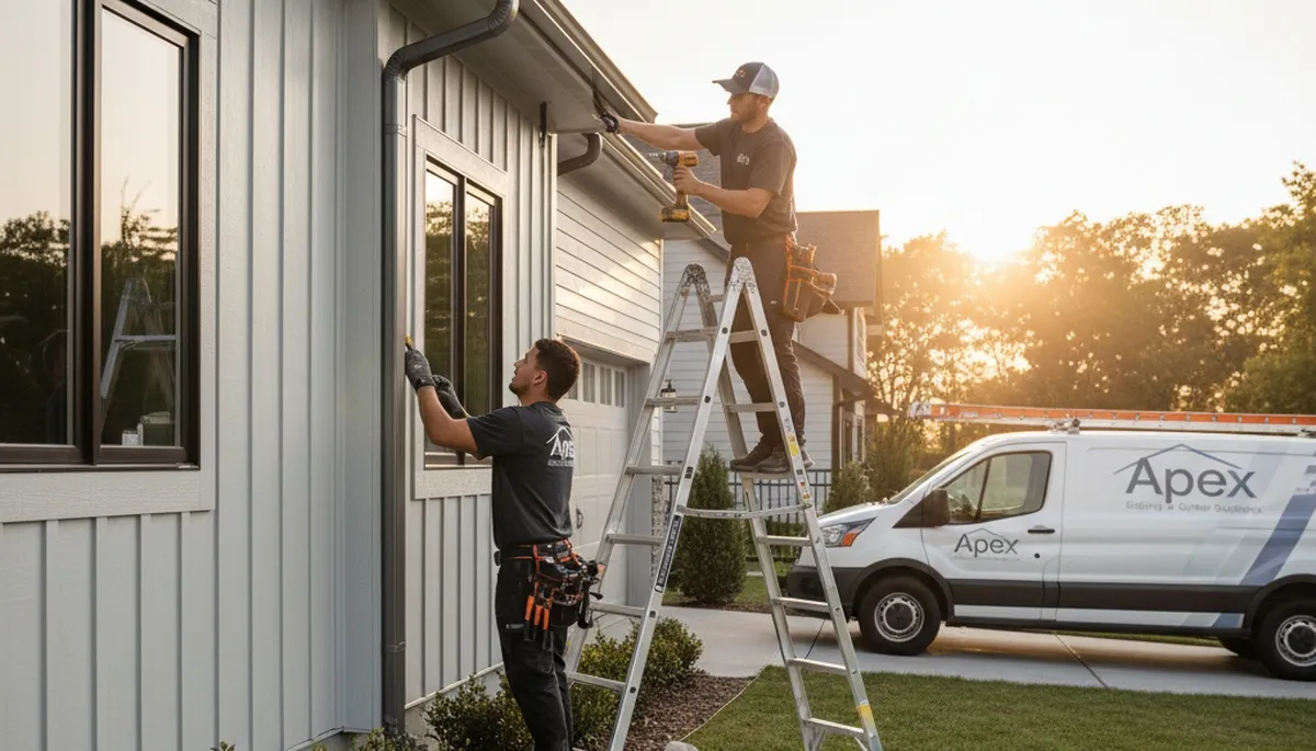 Technician performing gutter repair on Oklahoma City home exterior with vinyl siding