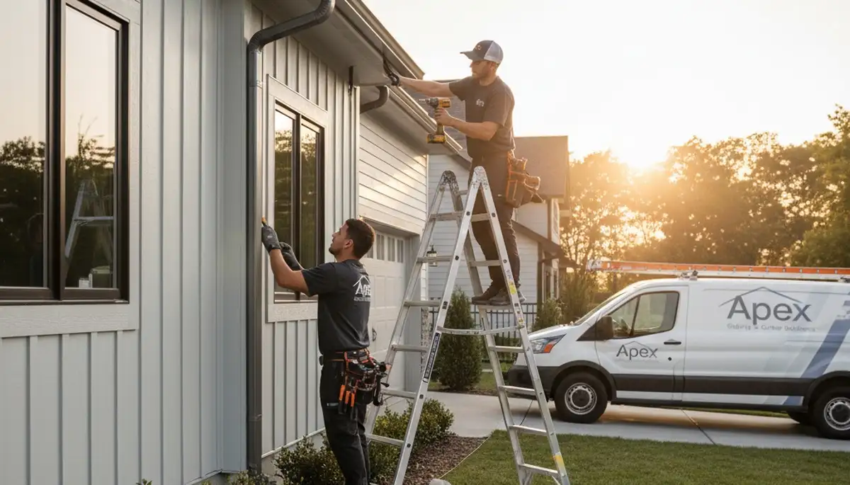Technician performing gutter repair on Oklahoma City home exterior with vinyl siding