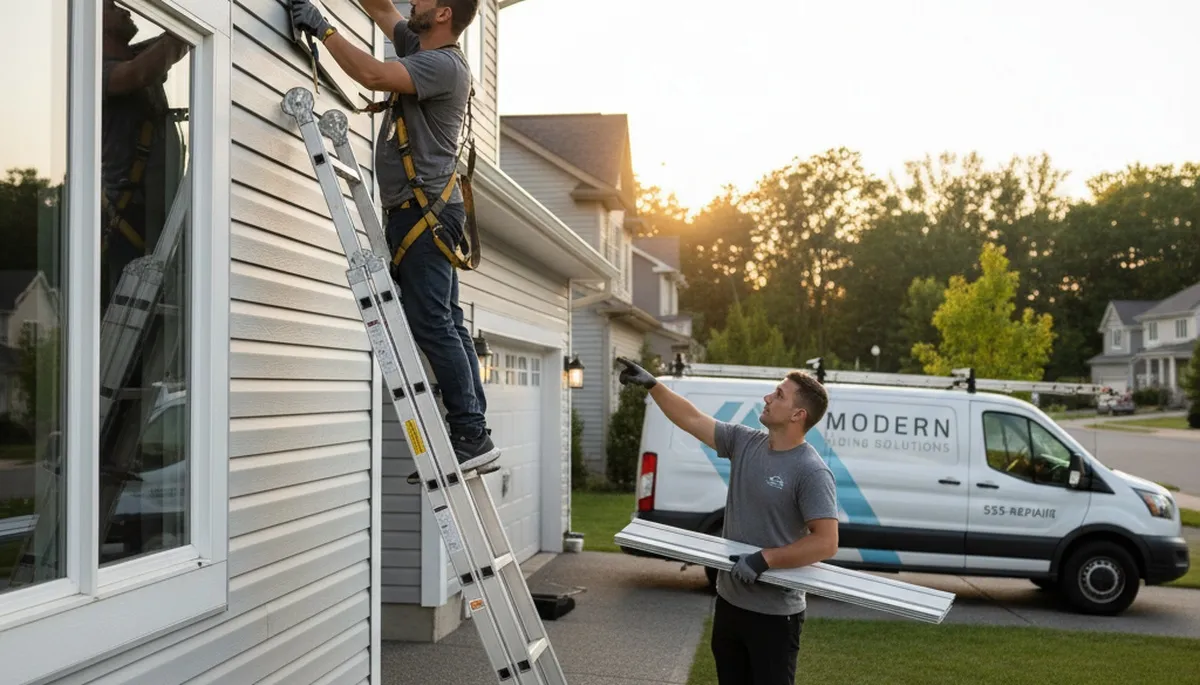 Technician repairing damaged vinyl siding on home exterior in Oklahoma City, OK