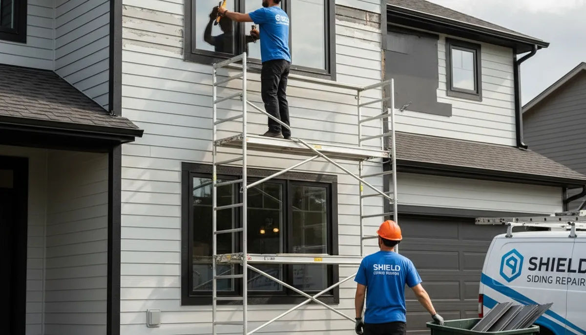 Vinyl siding repair experts fixing storm damage on a home in Oklahoma City, OK