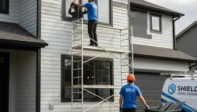 Vinyl siding repair experts fixing storm damage on a home in Oklahoma City, OK