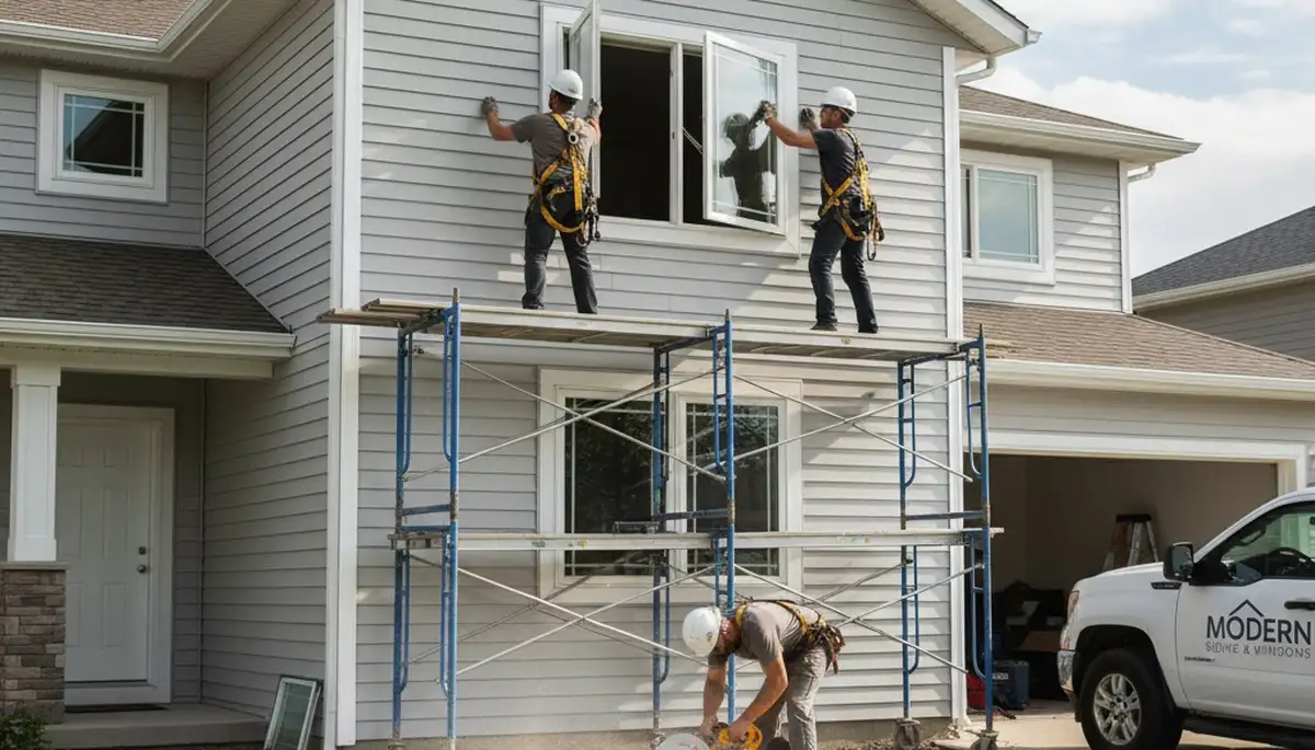 Technician repairing residential window frame beside vinyl siding in Oklahoma City, OK